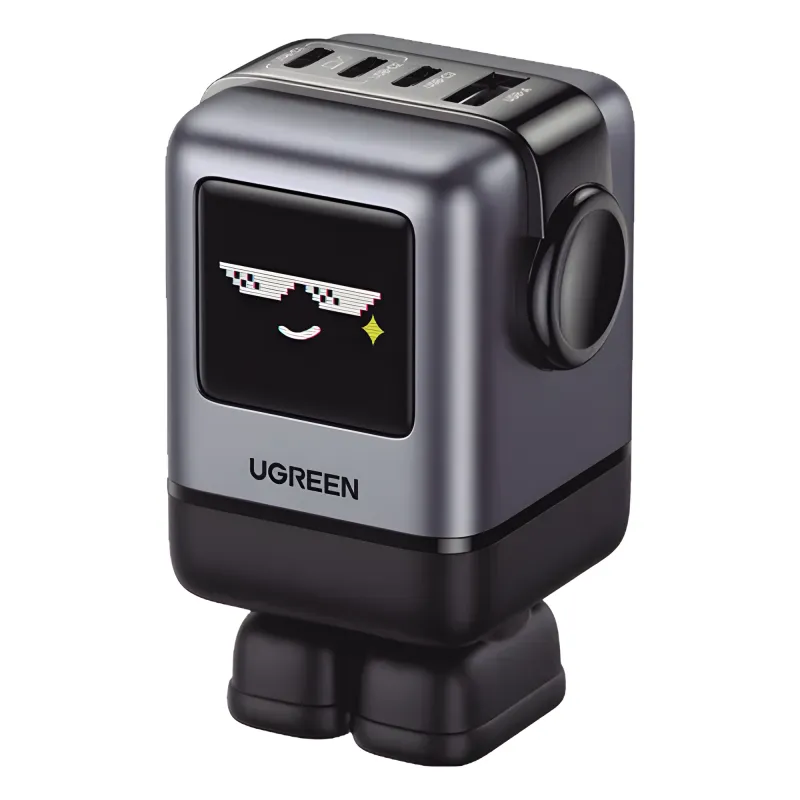 Cargador RobotGaN de 100W Serie UNO | 4 Puertos de Carga Rápida | 3 USB-C | 1 USB-A | PD 3.0 | QC 4.0 | Carga Inteligente | Tecnología GaN II | Zapato Magnético Extraíble | Carcasa Ignífuga | Pantalla LED