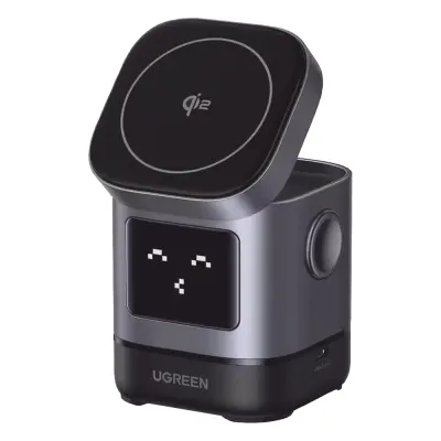Cargador Inalámbrico Robot 2 en 1 UGREEN Qi2 / 15W Ultra Rápido para iPhone / 5W para AirPods / Pantalla Inteligente con Expresiones / Imanes N48H / Puerto USB-C 5W para Apple Watch / Compatibilidad MPP