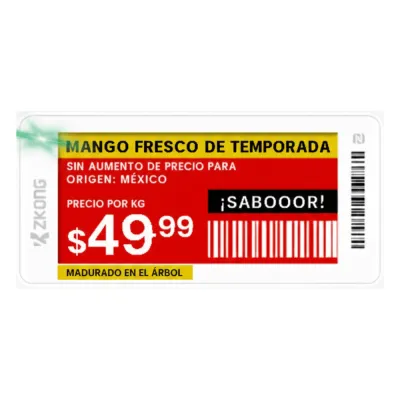 Etiqueta de Estantería Electrónica ESL ZKE21B / Pantalla EPD 2.13 Pulgadas / Resolución 122x250 Píxeles / 4 Colores (Negro Blanco Rojo Amarillo) / BLE 5.0 con Encriptación AES-128 / Batería 5 Años / NFC / C
