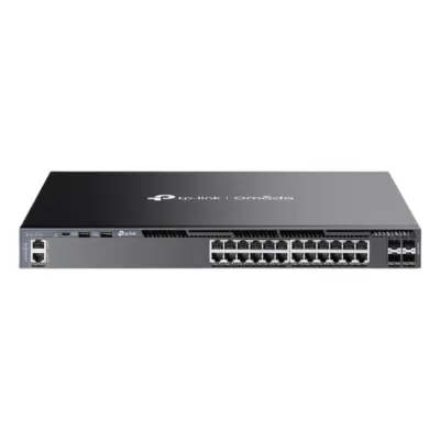 Switch Gestionable L3 Stackable / 24 Puertos Gigabit + 4 Slots 10G SFP+ / Capacidad de Conmutación 128 Gbps / Stack Físico hasta 8 Unidades / L3 RIP OSPF VRRP PIM / Gestión Cloud Omada SDN
