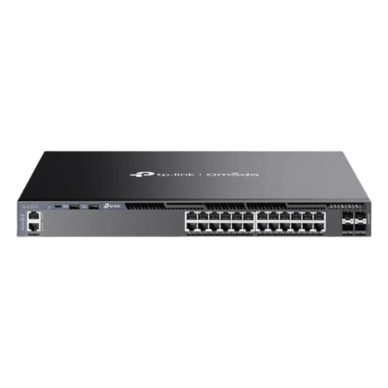Switch Gestionable L3 Stackable / 24 Puertos Gigabit + 4 Slots 10G SFP+ / Capacidad de Conmutación 128 Gbps / Stack Físico hasta 8 Unidades / L3 RIP OSPF VRRP PIM / Gestión Cloud Omada SDN