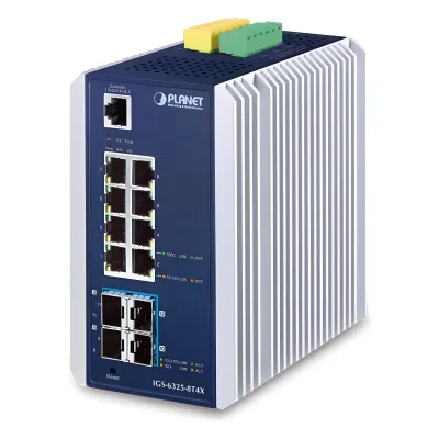Switch Ethernet Gestionado Capa 3 Industrial DIN-rail / Red Extendida de 10G para Fábricas y Áreas Metropolitanas / 8 Puertos RJ45 10/100/1000BASE-T / 4 Puertos SFP+ 10GBASE-SR/LR / Temp. Operativa -40 a 75 grados C / Protección ESD a