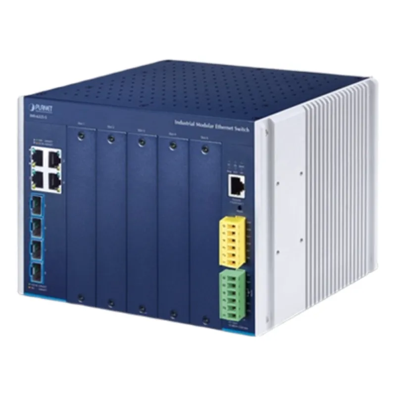 Switch Modular Industrial Capa 3 / 5 Slots / 4 Puertos Gigabit RJ45 / 4 Puertos SFP+ 10G / Rango de Temperatura -40~75°C / Entrada de Potencia Redundante 12-48V / Soporte IPv6/IPv4