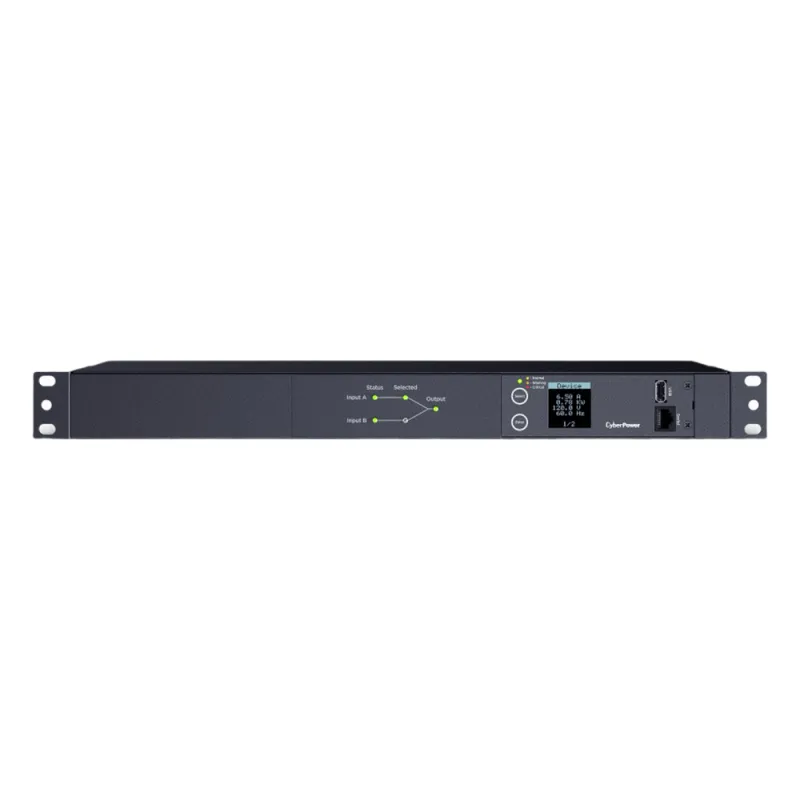 PDU ATS (Fuente Redundante Auto-transferible) Medible, Para Distribución de Energía, 2 Entradas 120 Vca NEMA5-15P, Con 10 Salidas NEMA 5-15R, Horizontal 19in, 1UR