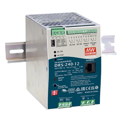 Fuente de Poder Industrial de 240W con Cargador de Baterías, salida 12Vcc, 20A, para montaje Riel Din