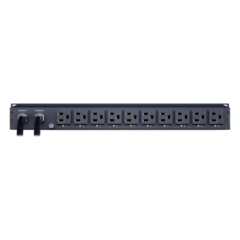 PDU ATS (Fuente Redundante Auto-transferible) Monitoreable, Para Distribución de Energía, 2 Entradas 120 Vca NEMA5-15P, Con 10 Salidas NEMA 5-15R, Horizontal 19in, 1UR