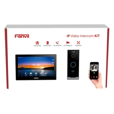 Kit Videoportero IP / Estación Interior i504W + Frente de Calle i60 / Pantalla Táctil 7" HD / Videollamadas H.264/H.265 / Wi-Fi Dual Band / PoE / App Fanvil Link / ONVIF / 10,000 Tarjetas RFID
