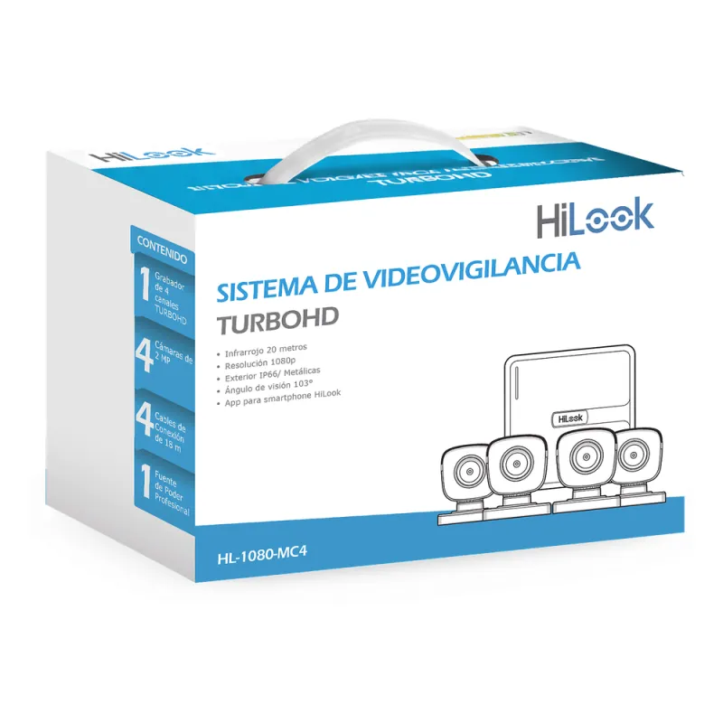KIT TurboHD 1080p / DVR 4 canales / 4 Cámaras Bala de Metal / H.265+ / 1 Fuente de Poder Profesional / Accesorios de Instalación
