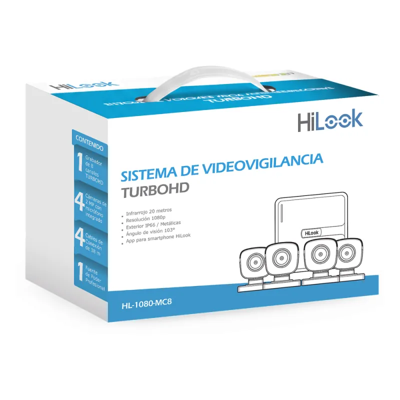 KIT TurboHD 1080p / DVR 8 canales con H.265+ / 4 Cámaras Bala Metálicas / Fuente de Poder / Accesorios de Instalación