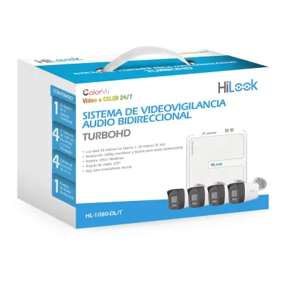 Kit TurboHD 1080p / DVR 4 canales / 4 Cámaras Bala de Policarbonato / Audio Bidireccional / Dual Light (IR + Luz Blanca) / H.265+ / 1 Fuente de Poder Profesional / Accesorios de Instalación