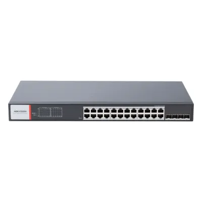 Switch Gigabit PoE+ / Industrial / Administrable / 24 Puertos 1000 Mbps PoE+ / 4 Puertos SFP / Configuración Nube Hik-PartnerPro / Modo Extendido hasta 300 Metros / 370 W
