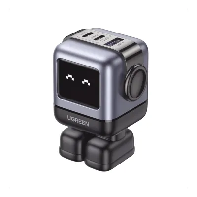 Cargador RobotGaN de 65W Serie UNO | 3 Puertos de Carga Rápida | 2 USB-C | 1 USB-A | PD 3.0 | QC 4.0 | Carga Inteligente | Tecnología GaN II | Zapato Magnético Extraíble | Carcasa Ignífuga | Pantalla LED