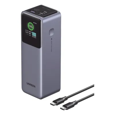 Power Bank de 25000mAh | 3 Salidas 200W Max. | USB-A + 2 USB-C | PD 3.0, QC3.0 | FCP | SCP | Pantalla Inteligente | Carcasa Ignifuga | Color Gris | Incluye Cable USB de 50cm | Carga tu Laptop de Manera Segura.