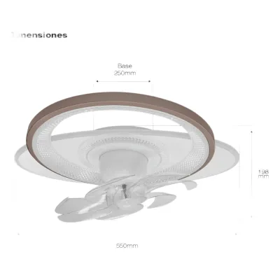 Ventilador de Techo con Luminario LED de 110 V CA 50/60 Hz / 88 W / 3 Tonos de Luz (6500 - 4 000 - 2 700 K) / Con giro 360° / Diámetro 550 mm / 6 Velocidades / Dimeable.