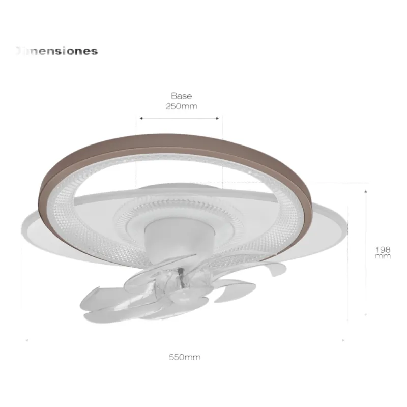 Ventilador de Techo con Luminario LED de 110 V CA 50/60 Hz / 88 W / 3 Tonos de Luz (6500 - 4 000 - 2 700 K) / Con giro 360° / Diámetro 550 mm / 6 Velocidades / Dimeable.