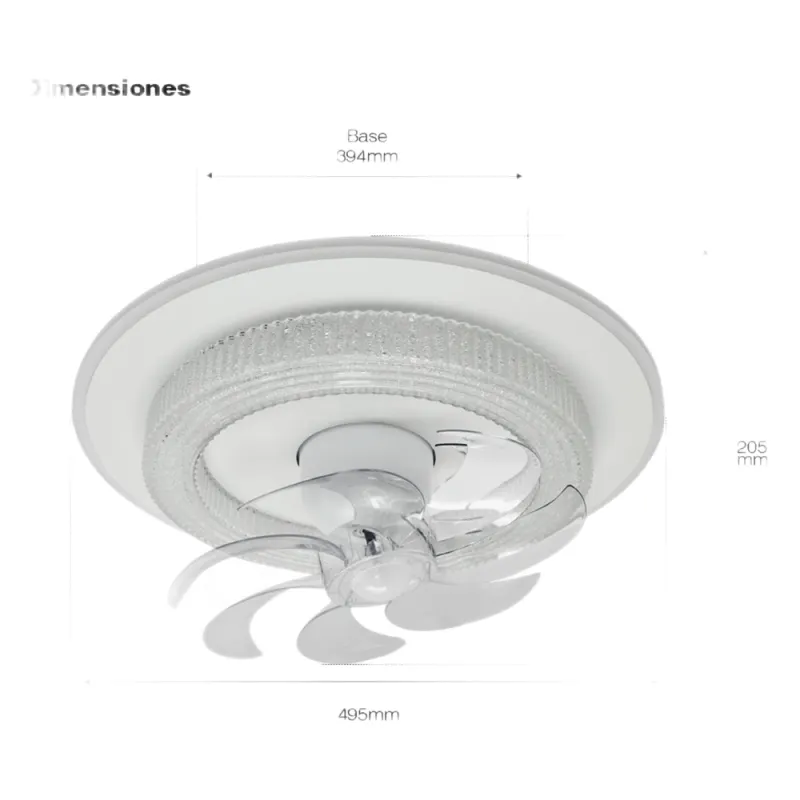 Ventilador de Techo con Luminario LED de 110 V CA 50/60 Hz / 88 W / 3 Tonos de Luz (6500 - 4 000 - 2 700 K) / Con giro 360° / Diámetro 495 mm / 6 Velocidades / Dimeable.