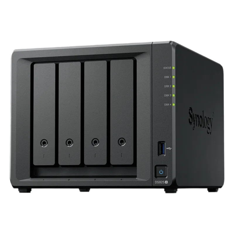 NAS DiskStation DS925+ | 4 Bahías | Expandible a 9 Bahías | 2 Puertos 2.5GbE | 2 Ranuras M.2 NVMe | AMD Ryzen V1500B | 4 GB DDR4 ECC | Hasta 565 MB/s Escritura Secuencial | Compatible con RAID | Synology DSM.