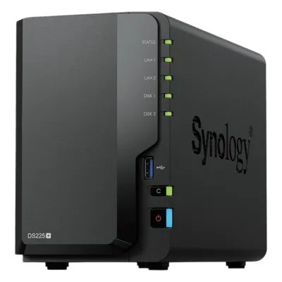 NAS DiskStation DS225+ | 2 Bahías | Intel Celeron J4125 | 2 GB DDR4 | Hasta 40 TB | Puertos 1GbE y 2.5GbE | USB 3.2 Gen 1 | Compatible con RAID | Synology DSM.