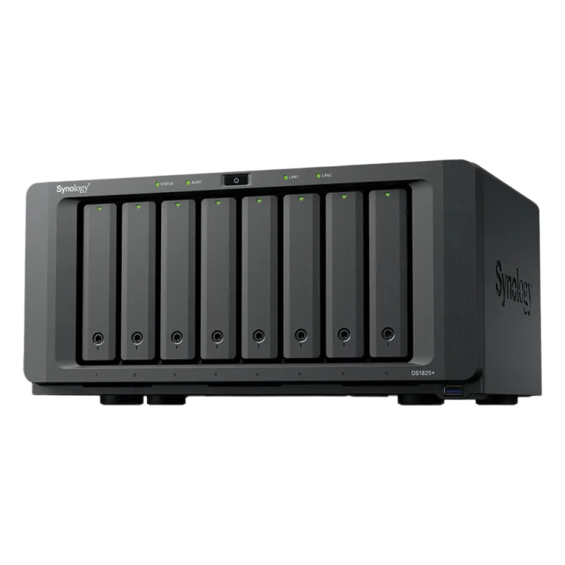 NAS DiskStation DS1825+ | 8 Bahías | AMD Ryzen V1500B | 8 GB DDR4 ECC | Hasta 2,239 MB/s Lectura | 2 Puertos 2.5GbE | Expansión PCIe 3.0 | Compatible con 10GbE y 25GbE | Caché SSD M.2 | Synology DSM.
