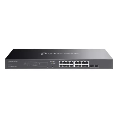 Switch Smart Omada 18 Puertos Gigabit / 16 Puertos PoE+ 802.3af/at / 2 Ranuras SFP Gigabit / Presupuesto PoE 150 W / Switching 36 Gbps / Enrutamiento Estático L2+ / Gestión Cloud SDN / Fanless / Montable en Rack