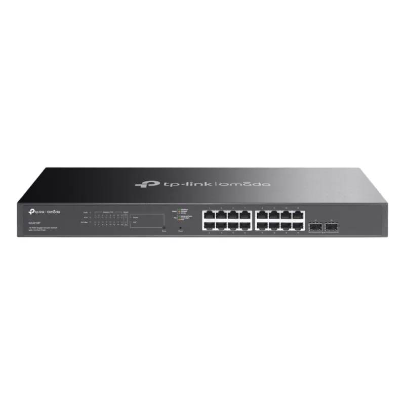 Switch Smart Omada 18 Puertos Gigabit / 16 Puertos PoE+ 802.3af/at / 2 Ranuras SFP Gigabit / Presupuesto PoE 150 W / Switching 36 Gbps / Enrutamiento Estático L2+ / Gestión Cloud SDN / Fanless / Montable en Rack