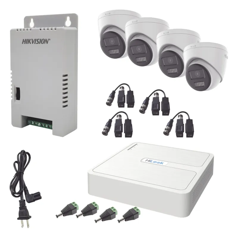 Kit HiLook Audio Bidireccional TurboHD 1080p / DVR 4 Canales / 4 Cámaras Eyeball (Exterior) con Bocina y Microfóno Integrado / 1 Fuente de Poder / Accesorios