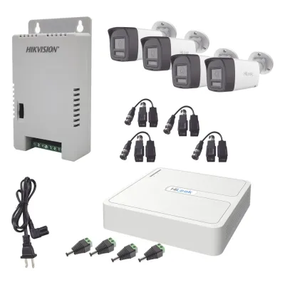Kit HiLook Audio Bidireccional TurboHD 1080p / DVR Metalico 4 Canales / 4 Cámaras Bala (Exterior) con Bocina y Micrófono Integrado / 1 Fuente de Poder / Accesorios