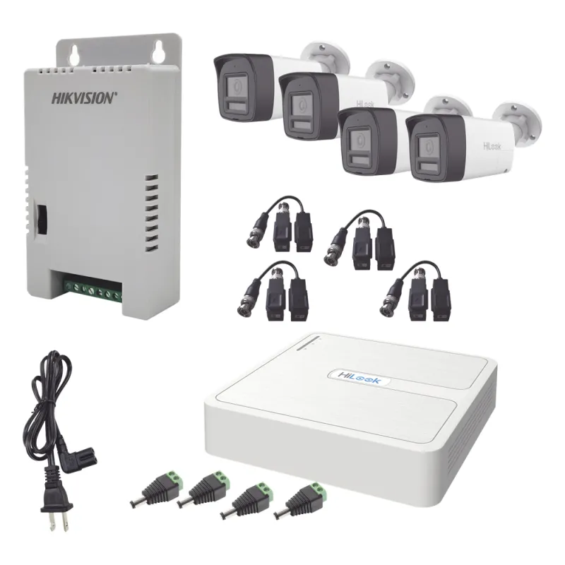 Kit HiLook Audio Bidireccional TurboHD 1080p / DVR Metalico 4 Canales / 4 Cámaras Bala (Exterior) con Bocina y Micrófono Integrado / 1 Fuente de Poder / Accesorios
