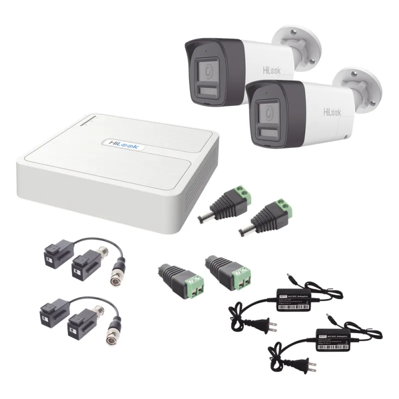 Kit HiLook Audio Bidireccional TurboHD 1080p / DVR 4 Canales / 2 Cámaras Bala (Exterior) con Bocina y Microfóno Integrado / 2 Fuentes de Poder / Accesorios