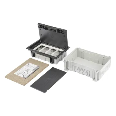 Caja Para Instalación en Pavimento para Voz, Datos o Contactos Eléctricos / Capacidad para 4 Módulos / Espacio Embellecedor en la Tapa / Profundidad Ajustable de 70 a 100 mm (2.76 a 3.94 pulgadas) / Los Módulos se Adquieren Aparte / Incluye Registro