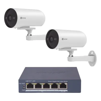 Kit de cámaras PoE Para Uso en Exterior / PoE Estandar Af / 2 piezas CS-H5/3MP/ 1 Pieza de Switch DS-3E1505P-EI/M / Vision Nocturna a Color / IP67 / Audio Bidireccional / Luz y Sirena / 4 Puertos 1000 Mbps PoE+ / 1 Puerto 1000 Mbps Uplink