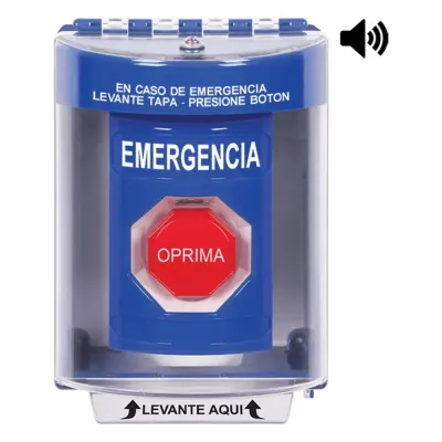​Botón Multipropósito, Color Azul, De Superficie con Espaciador, C/Tapa De Policarbonato, C/Bocina Pre Alarma, Interior/Exterior, Llave Para Restablecer, Texto De Emergencia, Español