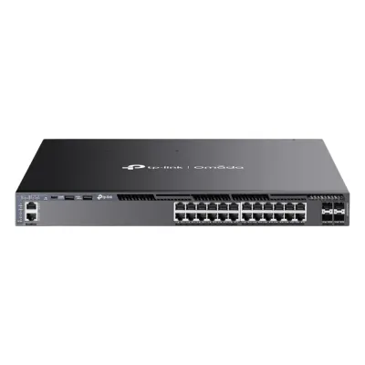 Switch L3 Gestionable PoE+ / 24 Puertos Gigabit / 4 Slots 10G SFP+ / Stackable / Presupuesto PoE 720W / Gestión Cloud Omada SDN / Redundancia de Alimentación