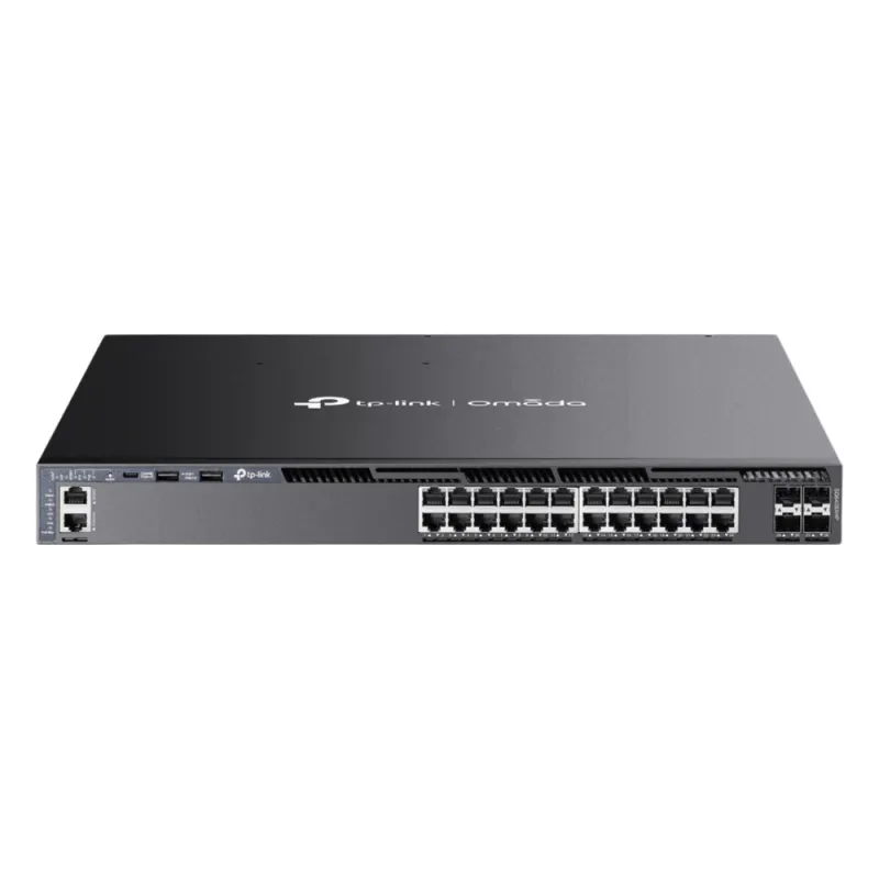 Switch L3 Gestionable PoE+ / 24 Puertos Gigabit / 4 Slots 10G SFP+ / Stackable / Presupuesto PoE 720W / Gestión Cloud Omada SDN / Redundancia de Alimentación