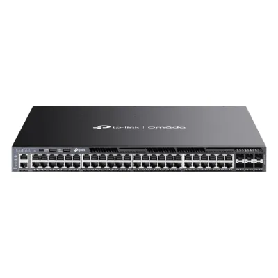 Switch L3 Gestionable Apilable / 48 Puertos Gigabit PoE+ / 6 Ranuras 10G SFP+ / Presupuesto PoE Hasta 1440W / Apilamiento Físico hasta 8 Unidades / Enrutamiento Dinámico OSPF / Gestión Cloud Omada SDN