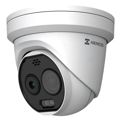 (HIKMICRO) Turret IP Bi-Espectral / Térmica (160 X 120 / 1.8 mm) + Óptica (5 MP / 2 mm ) / Rango: -20°C a 150°C / 8°C Tolerancia / VCA 3.0 (Vehiculo 60 Mts / Humano 20 Mts) / Detección de Fuego y Humo / IP67 / Dual Light