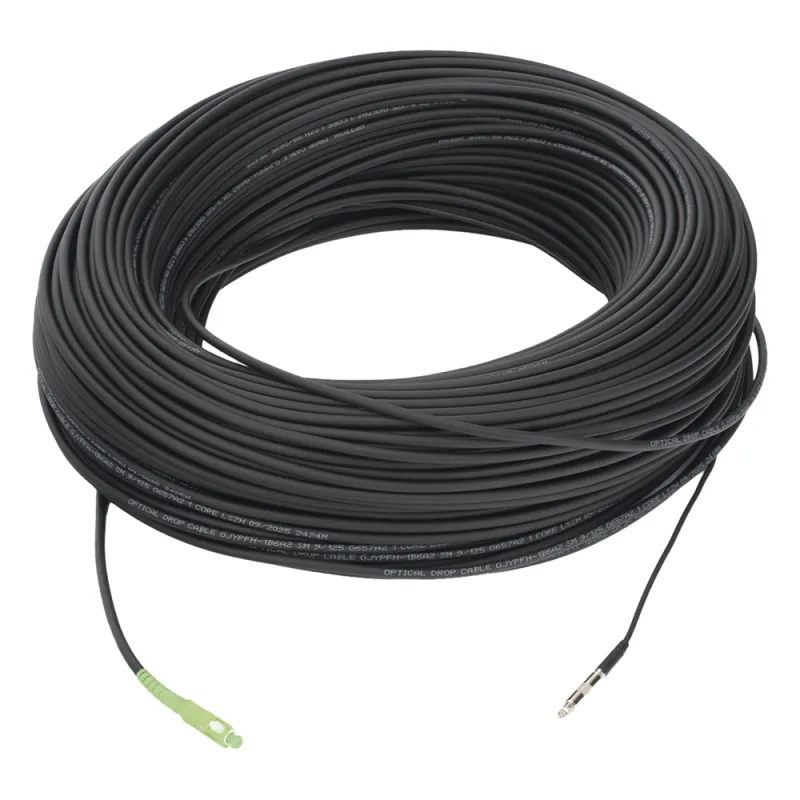 Rollo de Fibra Óptica Drop Redonda G657A2 Monomodo Simplex de 200 Metros con Conectores SC/APC-SC/APC para Instalaciones Aéreas, Subterráneas o a la Intemperie