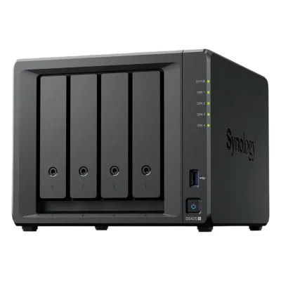 NAS DiskStation DS425+ | 4 Bahías | Intel Celeron J4125 2.7 GHz | 2 GB DDR4 / 2.5GbE + 1GbE | 2 Puertos USB 3.2 Gen 1 | 2 Ranuras M.2 NVMe | Hasta 80 TB | Synology DSM.