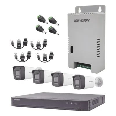 Kit Audio Bidireccional TurboHD 3K Real / DVR 4 Canales 4K / 4 Cámaras Bala (Exterior) con Bocina y Microfóno Integrado 3K / 1 Fuentes de Poder / Accesorios