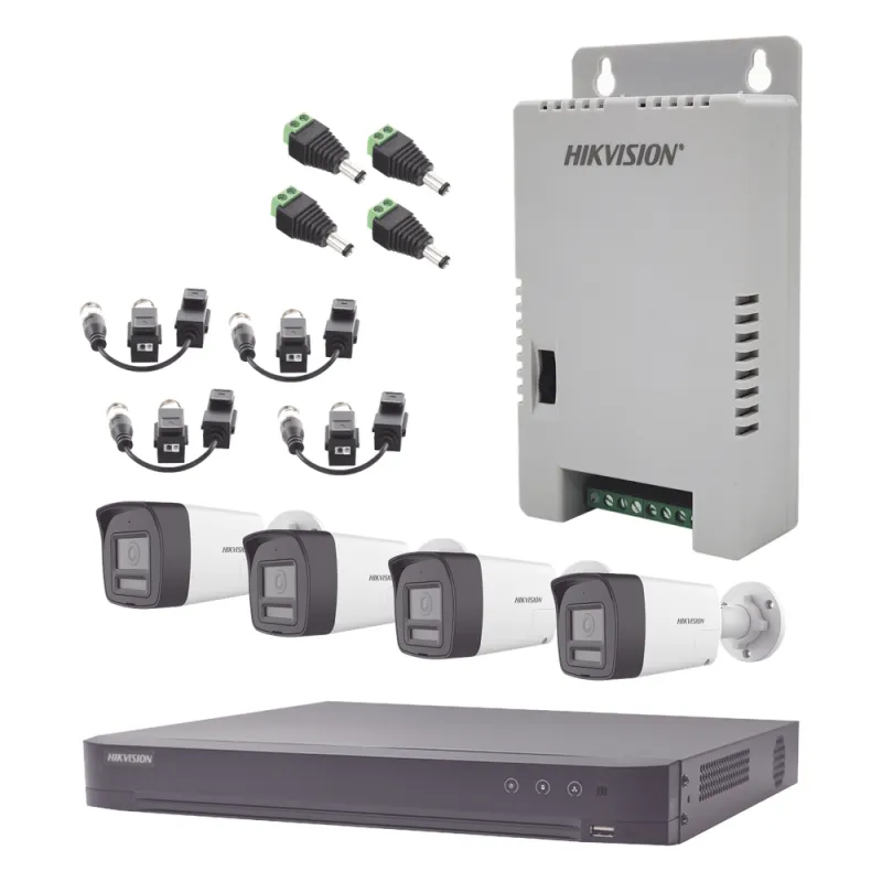 Kit Audio Bidireccional TurboHD 3K Real / DVR 4 Canales 4K / 4 Cámaras Bala (Exterior) con Bocina y Microfóno Integrado 3K / 1 Fuentes de Poder / Accesorios