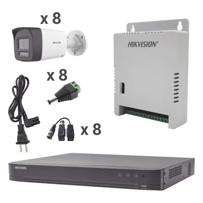 Kit Audio Bidireccional TurboHD 4K-3K / DVR 8 Canales 4K / 8 Cámaras Bala (Exterior) con Bocina y Microfóno Integrado 3K / 1 Fuentes de Poder / Accesorios