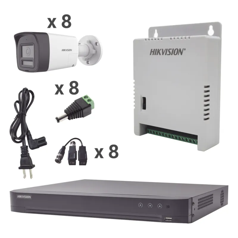 Kit Audio Bidireccional TurboHD 4K-3K / DVR 8 Canales 4K / 8 Cámaras Bala (Exterior) con Bocina y Microfóno Integrado 3K / 1 Fuentes de Poder / Accesorios