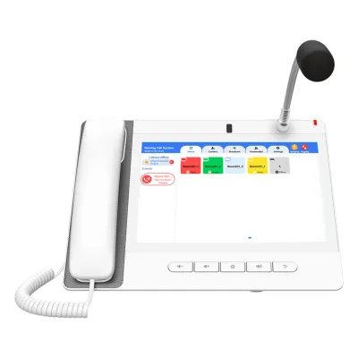 Teléfono IP Color Blanco Android 9.0 Empresarial para voceo 20 líneas SIP, pantalla táctil, Wi-Fi y Bluetooth, PoE, Voceo/ Musica por Multicast, puertos Gigabit, Sofware de Enfermeria