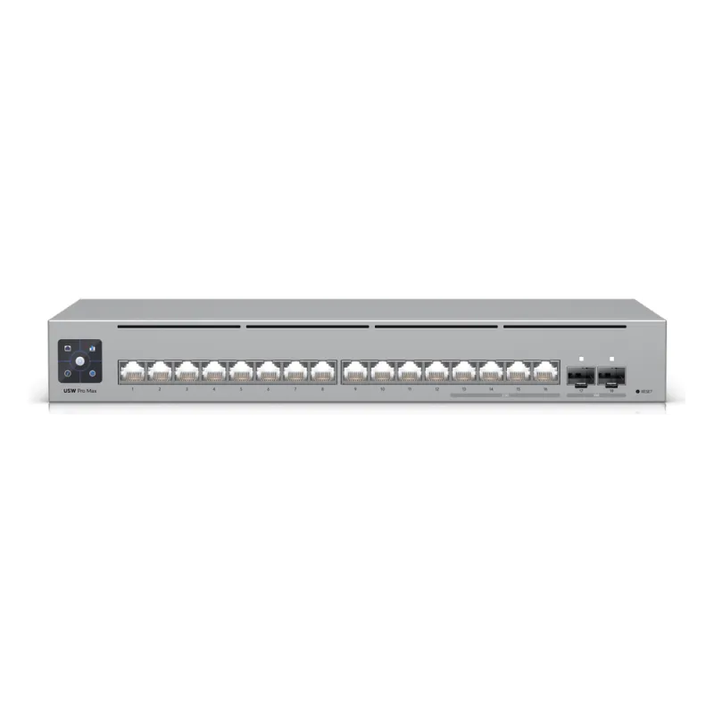 UniFi Switch Pro Max 16 con funciones Capa 3, 16 puertos EtherLight RGB / (4) puertos 2.5 GbE y (12) puertos GbE /(2) puertos SFP+ 10G /con pantalla táctil informativa