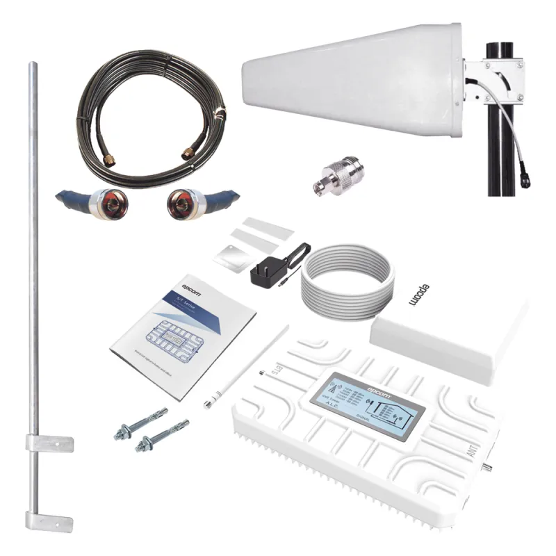 Kit PLUS de Amplificador de Señal Celular 5G / Penta Banda / Soporta 2G, 3G, 4G y 5G / Compatible con TELCEL, AT&T, MOVISTAR y OMV / Cobertura hasta 250 m2 / Incluye Antenas, Jumpers coaxiales y mástil.