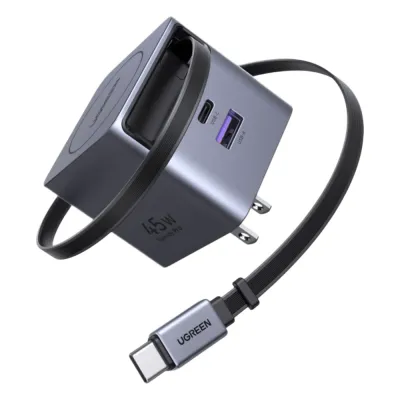 Cargador Rápido UGREEN 45W GaN / Cable Retráctil 0.7m / 3 Puertos USB-C + USB-A / Tecnología GaNInfinity 95% Eficiencia / 8 Capas Protección / Carga Simultánea 3 Dispositivos / Compacto para Viajes