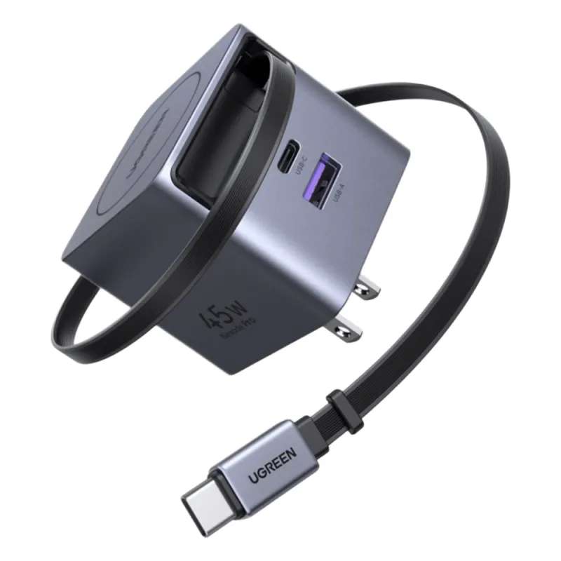 Cargador Rápido UGREEN 45W GaN / Cable Retráctil 0.7m / 3 Puertos USB-C + USB-A / Tecnología GaNInfinity 95% Eficiencia / 8 Capas Protección / Carga Simultánea 3 Dispositivos / Compacto para Viajes