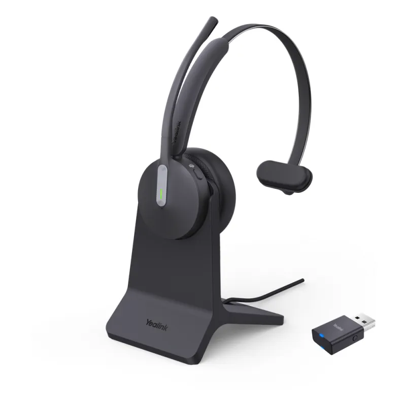 Auriculares híbridos mono Yealink WH64 edición MS/ Adaptador DECT y auriculares con Bluetooth integrado/ Cancelación de ruido con 3 micrófonos/ Alcance inalámbrico de 150 m