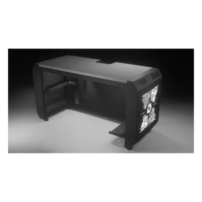 Consola Profesional para Monitoreo o Computo | Ranura para Base de Monitores | Microperforaciones | Luces LED Decorativas | Tomacorriente HTCM1U10C | Tapas Organizadoras de Cables | Niveladores | Rack para Montaje de Equipos | Ranura Pasaca