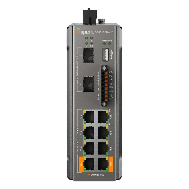 Switch de Red SP3010FM-L2 (V3) / 8 Puertos 10/100/1000Mbps PoE / 2 Puertos SFP 1000M/2.5Gbps / 240W PoE Budget / 26Gbps Capacidad de Conmutación / 19.3Mpps Tasa de Reenvío / DIN-Rail, Pared, Escritorio / -40℃~75℃ / CE, FCC, RoHS, UKCA, R